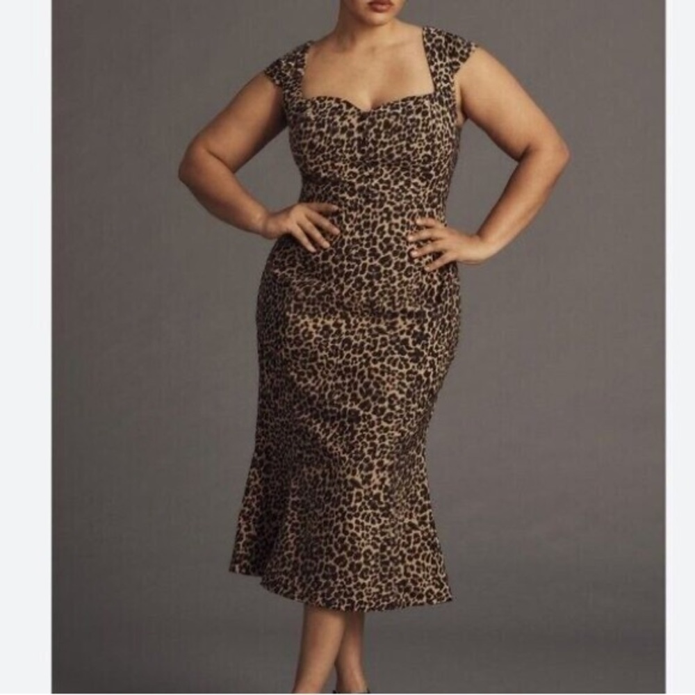 Anthropologie size XL The Cecily Leopard Print Fit & Flare Midi Dress Sweetheart